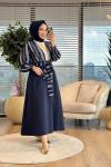 24422 Çiçek Desenli Bağlamalı Kimono Lacivert