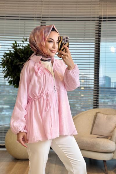 24424 Bebe Yaka Bel Bağcıklı Fermuarlı Kap Pembe