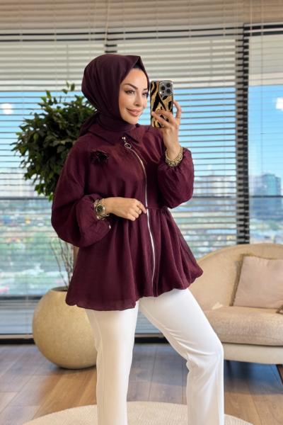 24424 Bebe Yaka Bel Bağcıklı Fermuarlı Kap Mürdüm