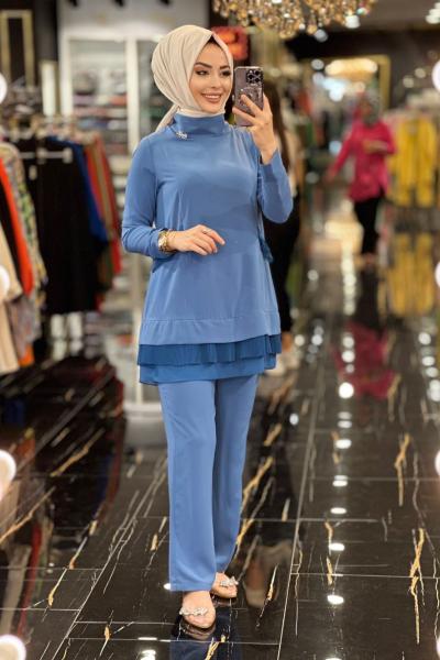 24447 Pilise Şifon Detaylı Krep Takım İndigo