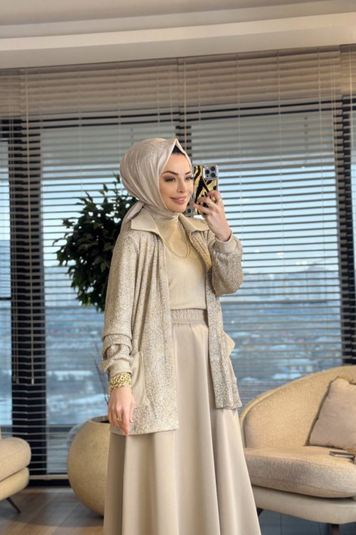 2445 Triko Üst Baskılı Hırka 2li Takım Bej