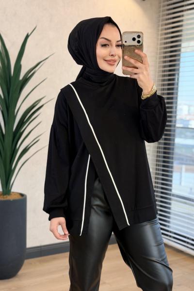 24455 Önü Verev Dikiş Ve Biyeli Sweat Siyah
