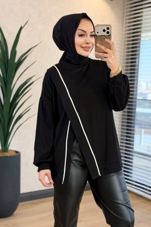 24455 Önü Verev Dikiş Ve Biyeli Sweat Siyah