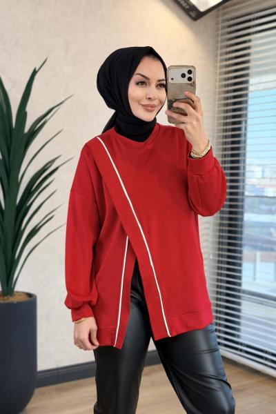 24455 Önü Verev Dikiş Ve Biyeli Sweat Kırmızı
