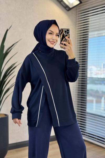 24455 Önü Verev Dikiş Ve Biyeli Sweat Lacivert