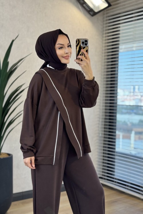 24455 Önü Verev Dikiş Ve Biyeli Sweat Kahve