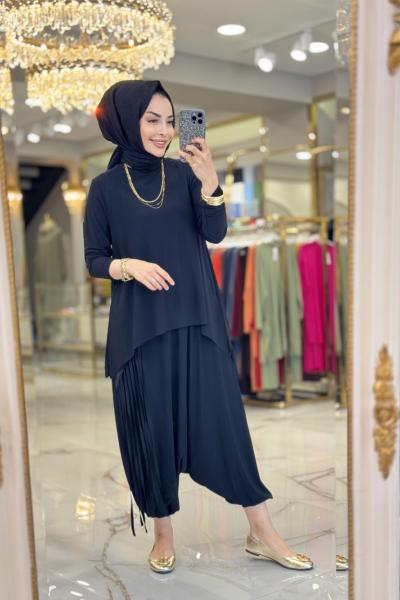 24456 Üst Bluz Pantolon Saçak Detaylı Takım Siyah