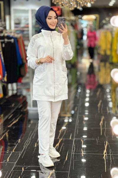 24512 Omuzları Payetli Fermuarlı Takım Ekru