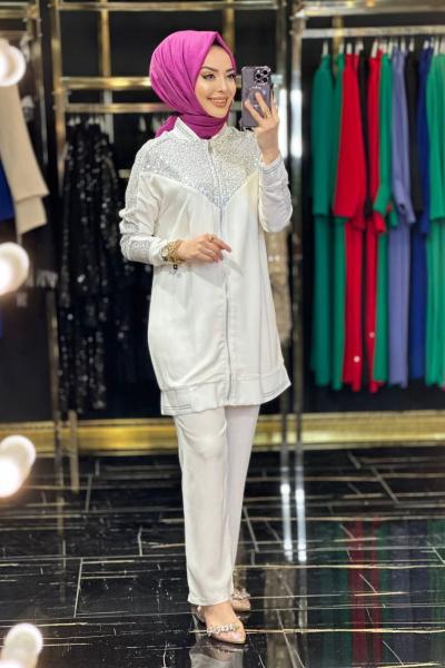 24524 Payetli Fermuarlı Takım Ekru