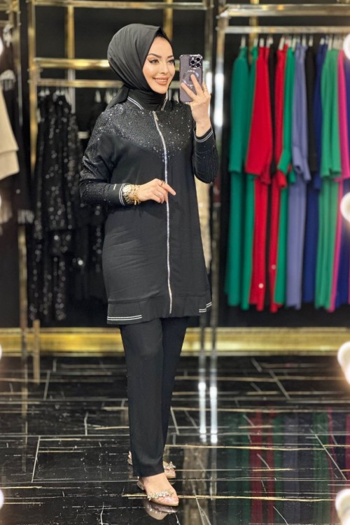 24524 Payetli Fermuarlı Takım Siyah