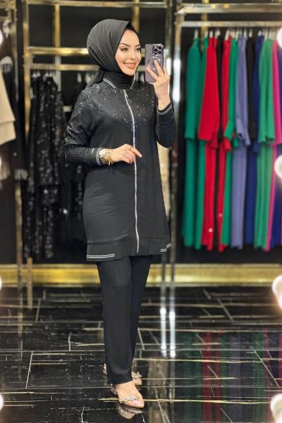 24524 Payetli Fermuarlı Takım Siyah