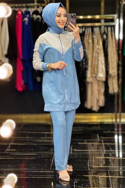 24524 Payetli Fermuarlı Takım Mavi