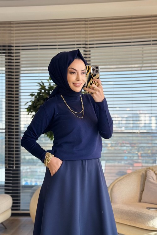 2455 Kolları Zımba Detaylı Triko Kazak Lacivert
