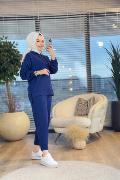 24563 Omuz Paça Taş Ve Fermuar Detaylı Takım Lacivert