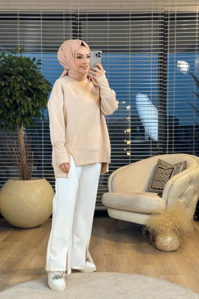 2474 Parmak Geçme Detaylı Sweatshirt Bej
