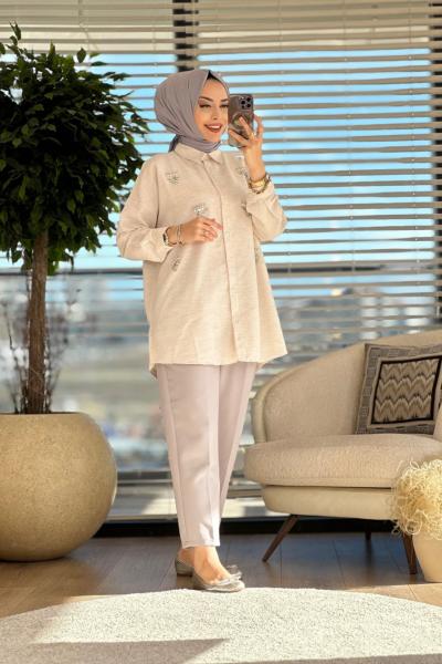 2483 Taş Ve Pul İşlemeli Gömlek Bej