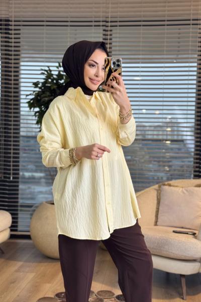 2490 Kendinden Desenli Gömlek Sarı