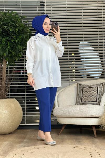 2492 Omuzu Taş Detaylı Gömlek Ekru