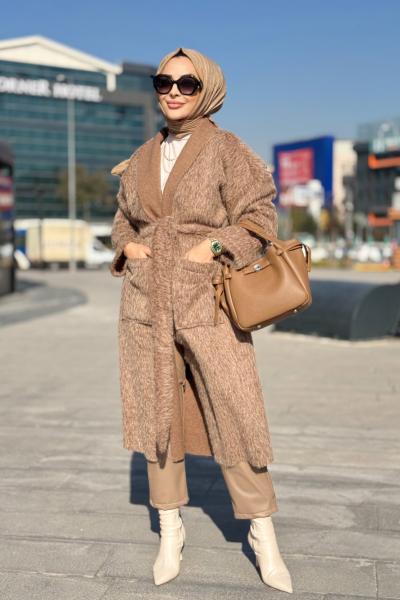 2498 Saçak Uzun Hırka Latte