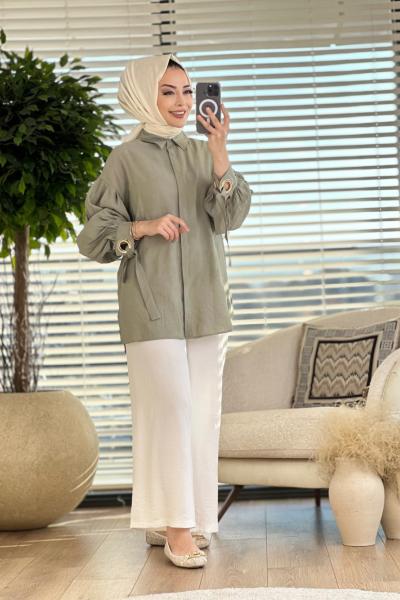 2499 Manşet Ve Arkası Hallka Detaylı Gömlek Haki