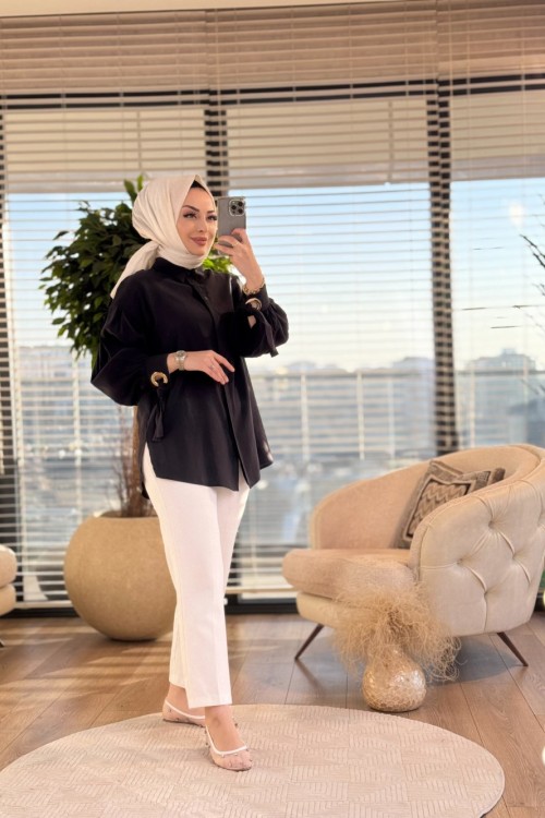 2499 Manşet Ve Arkası Hallka Detaylı Gömlek Siyah