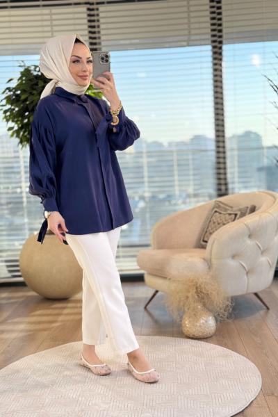 2499 Manşet Ve Arkası Hallka Detaylı Gömlek Lacivert