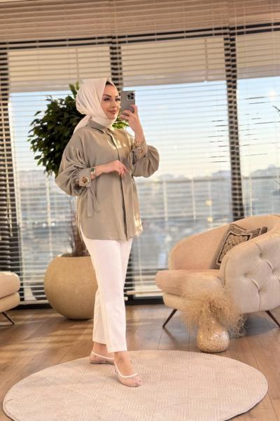2499 Manşet Ve Arkası Hallka Detaylı Gömlek Haki
