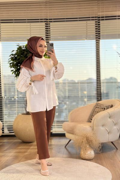 2499 Manşet Ve Arkası Hallka Detaylı Gömlek Ekru