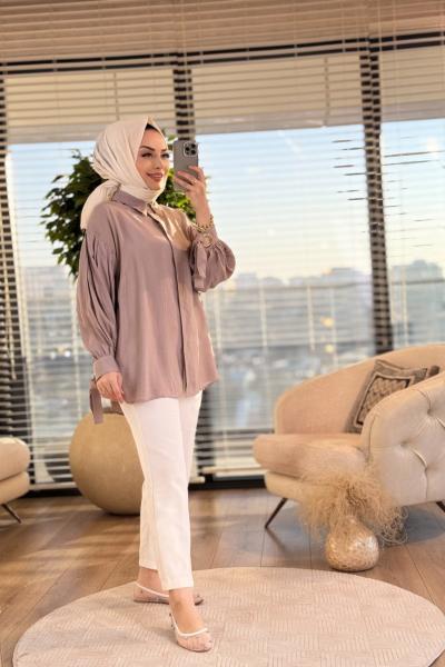 2499 Manşet Ve Arkası Hallka Detaylı Gömlek Vizon