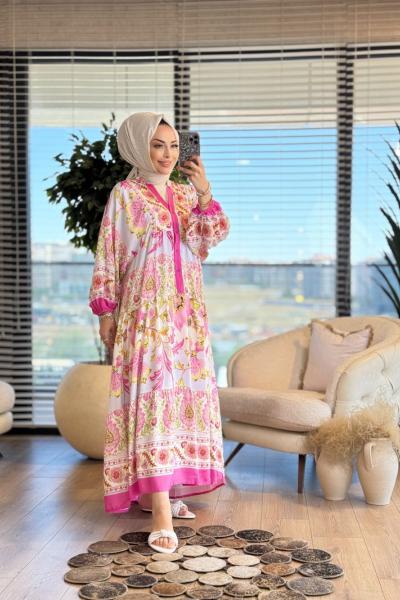 24EL078 Büyük Çiçek Desenli V Yaka Elbise Fuşya