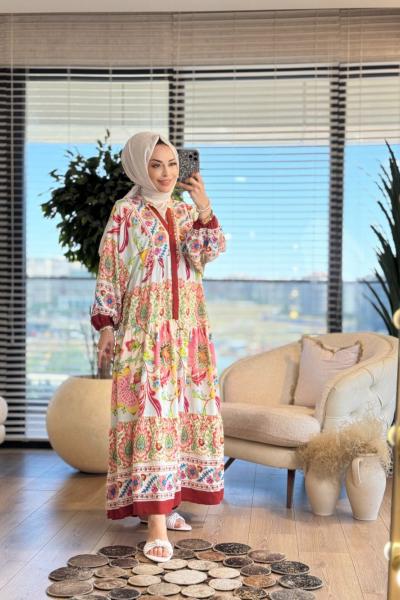 24EL078 Büyük Çiçek Desenli V Yaka Elbise Kiremit