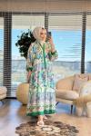 24EL078 Büyük Çiçek Desenli V Yaka Elbise Yeşil