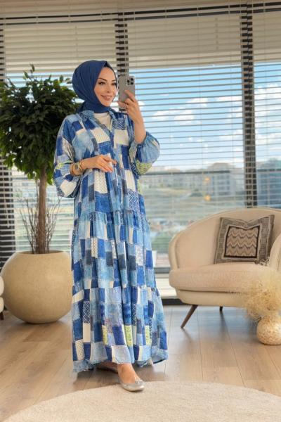 24EL086 Kare Desen Elbise Mavi
