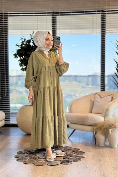24EL147 V Yaka Patı Düğmeli Düz Elbise Haki