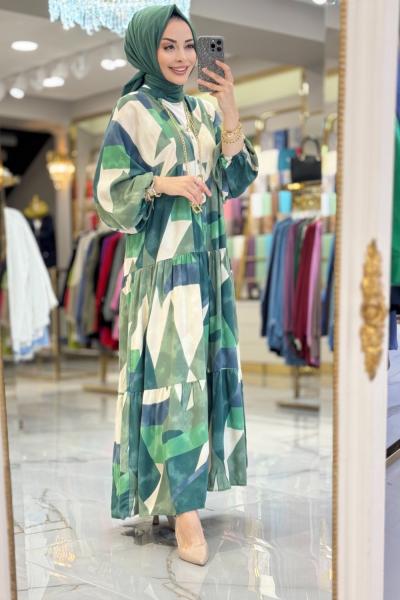 24EL240 Karışık Geometrik Desen Elbise Haki