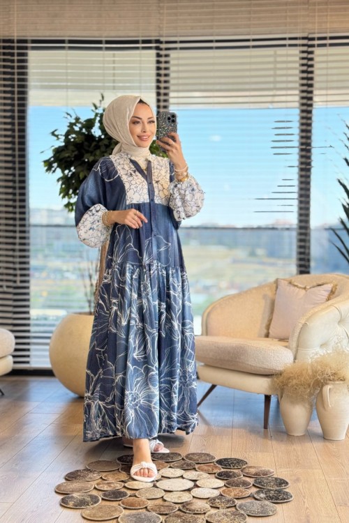 24EL479 Eteği Karışık Çizgi Desenli Elbise Lacivert
