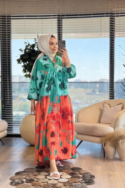 24EL509 İki Renkli V Yaka Elbise Benetton Oranj