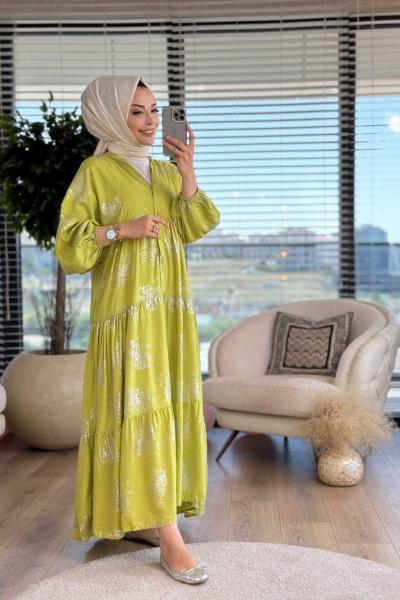 24EL536-3 Varak Karışık Çizgi Baskı Elbise Yağ Yeşili Gümüş