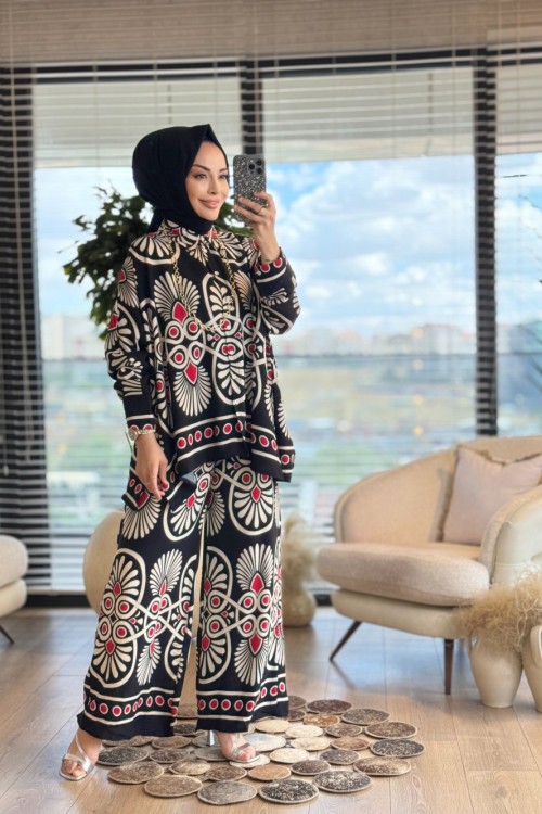 24TK165 Motif Desenli Takım Siyah