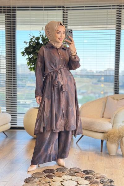24TK396 Oval Desenli Uzun Tunik Takım Kahve