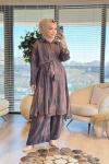 24TK396 Oval Desenli Uzun Tunik Takım Kahve