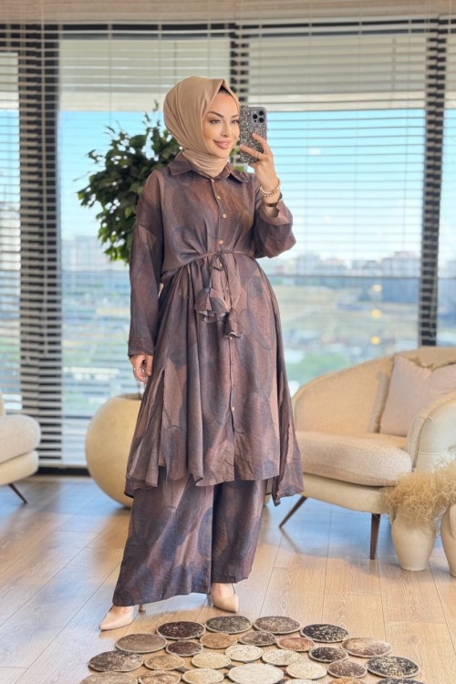 24TK396 Oval Desenli Uzun Tunik Takım Kahve