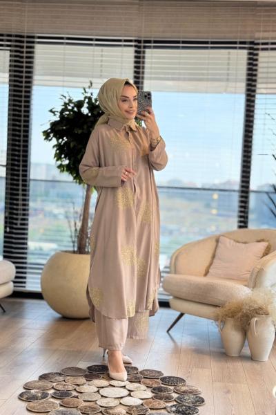 24TK405 Sim Motif Nakışlı Takım Vizon