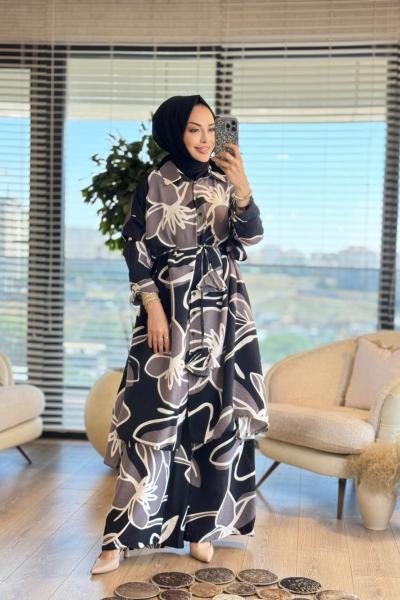 24TK443 Desenli Ön Kısa Arka Uzun Tunik Takım Siyah