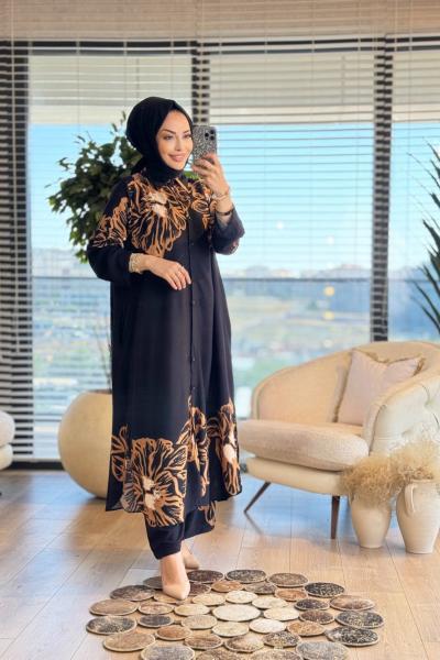 24TK475 Omuz Ve Etek Ucu Desenli Takım Siyah