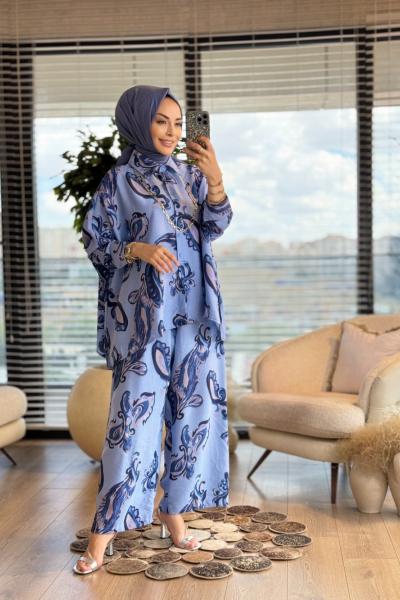 24TK477 Büyük Çiçek Desenli Takım İndigo