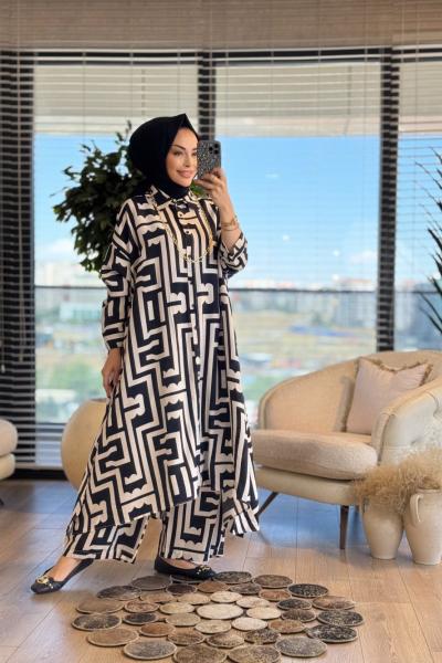 24TK580 Geometrik Desen Uzun Tunik Takım Siyah