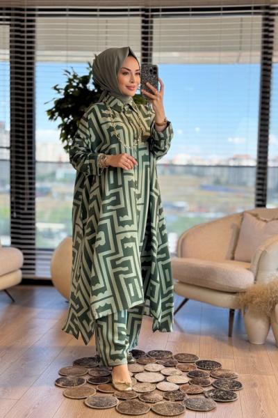 24TK580 Geometrik Desen Uzun Tunik Takım Haki