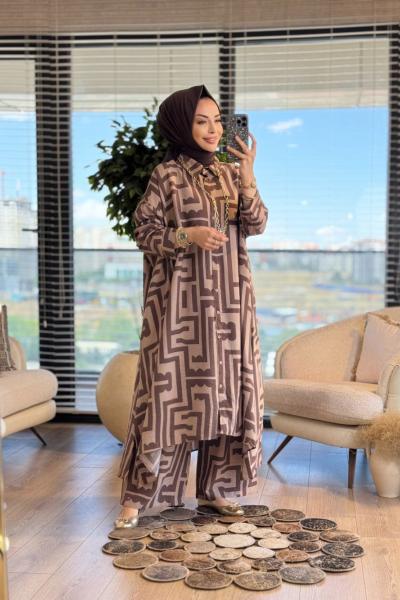 24TK580 Geometrik Desen Uzun Tunik Takım Kahve