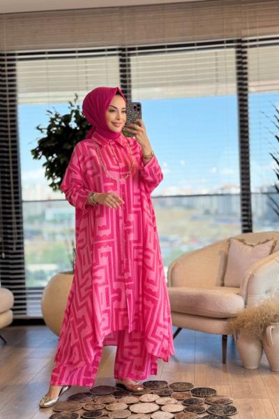 24TK580 Geometrik Desen Uzun Tunik Takım Fuşya